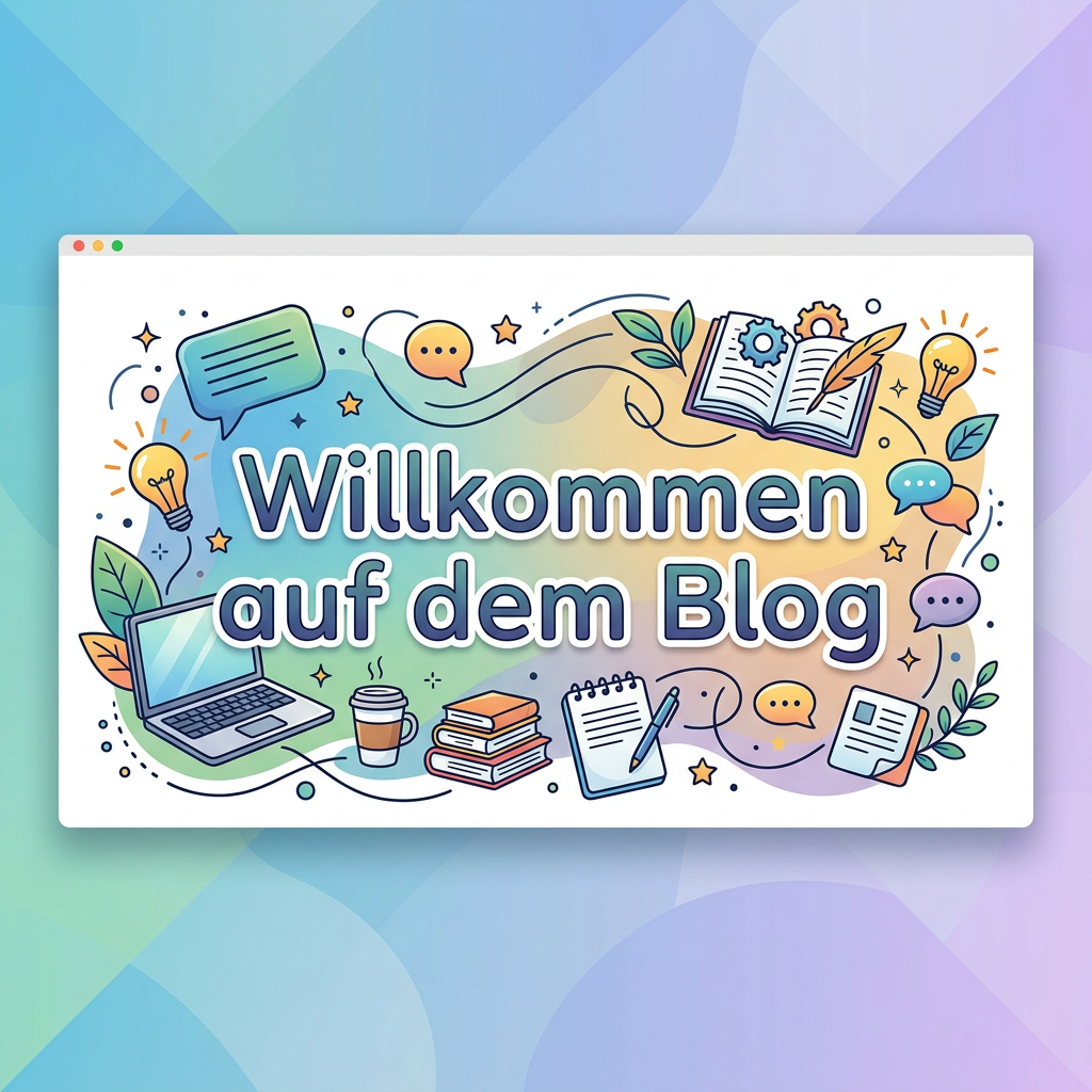 Willkommen auf dem Blog text with illustrations of laptop, books, notebook, lightbulbs, and speech bubbles
